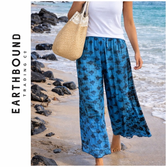 Earthbound Trading Co Pants - Earthbound bohemian wide leg pants, highwaisted elastic waist, turquoise blue, S